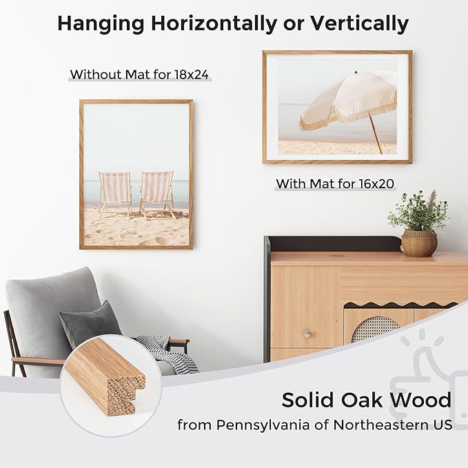 Axeman 18x24 Poster Frame with Mat for 16x20, Solid Oak Wood Picture Frame with Tempered Glass, Wooden 18''x24'' Minimalist Photo Frame with Free Wall Hooks for Art Photo and Prints, Natural