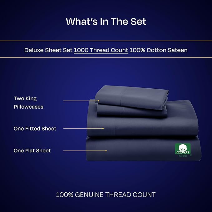 California Design Den King Sheets Deep Pocket Set - Luxury 1000 Thread Count Sateen, Thick and Natural 100% Cotton Bed Sheets, Soft, Breathable and Durable Bedding Set - Navy Blue