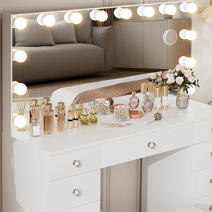 VOWNER Vanity with Lighted Mirror - Makeup Vanity Desk with Lights and 11 Drawers, 3 Color Lighting Modes Adjustable Brightness, 46" Makeup Desk with Soft Cushioned Stool for Bedroom, White