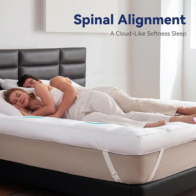 Dual Layer 5 Inch Goose Feather Mattress Topper Full Size, 4 Inch Goose Feather Plus 1 Inch Down Alternative Pillow Top, Medium Firm Featherbed with Adjustable Straps(54"x75", Wavy)