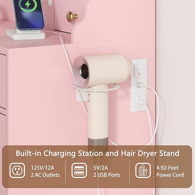 Pink Vanity Desk with Mirror and Lights, Makeup Vanity Table with Lighted Mirror, 5 Drawers & RGB Cabinet, Dressing Table Set with Charging Station for Girls Bedroom, 3 Lighting Modes