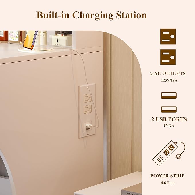 Vanity Desk with Mirror and Lights, Small Makeup Vanity with Chair and RGB Lights, White Vanity Table Set with 2 Drawers & Power Outlets, Open Shelves, 3 Color Modes Adjustable, White