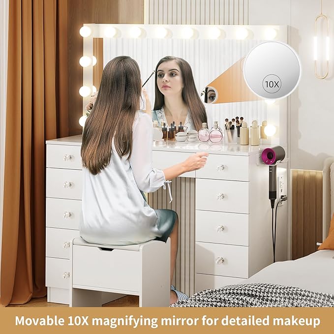 VOWNER Vanity with Lighted Mirror - Makeup Vanity Desk with 11 Drawers and Outlet, 3 Color Lighting Modes Adjustable Brightness, 46" Vanity Table with Soft Cushioned Stool for Bedroom, Marble