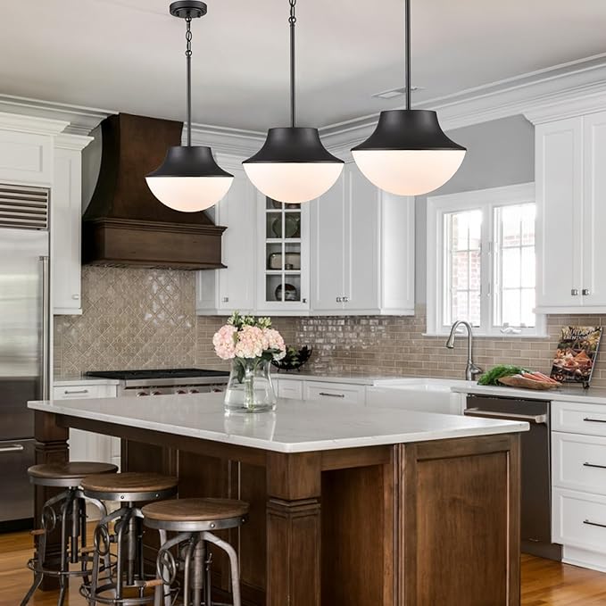 Mid Century Farmhouse Pendant Lighting for Kitchen 11.02" Matte Black Pendant Lights Kitchen Island with Milk Glass White Bowl Shade Over Sink Bathroom Dining Room Foyer……