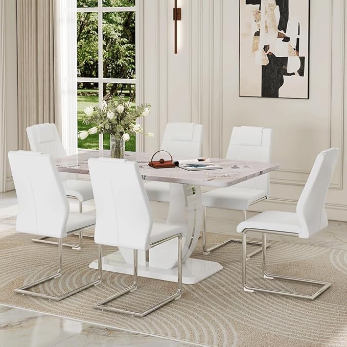 Dining Table Set for 6, Kitchen Table Chairs Set of 6, Modern Dining Room Set 63'' Faux Marble Dinner Table PU Leather Upholstered Chairs for Kitchen