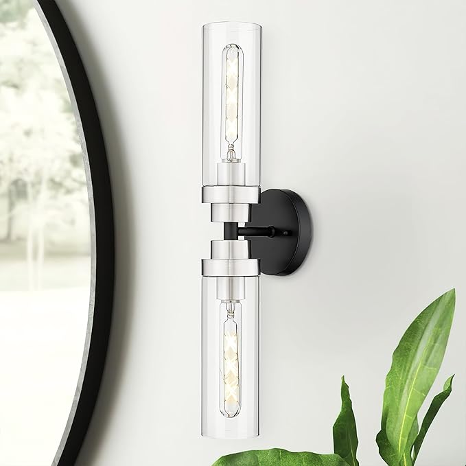 Emak 22 Inch Black and Brushed Nickel Vanity Lights for Mirror, Modern Bathroom Light Fixtures with Clear Glass Shade, 2-Light Wall Sconce Light for Bathroom, Bedroom, Hallway, VL085-BKBN-2