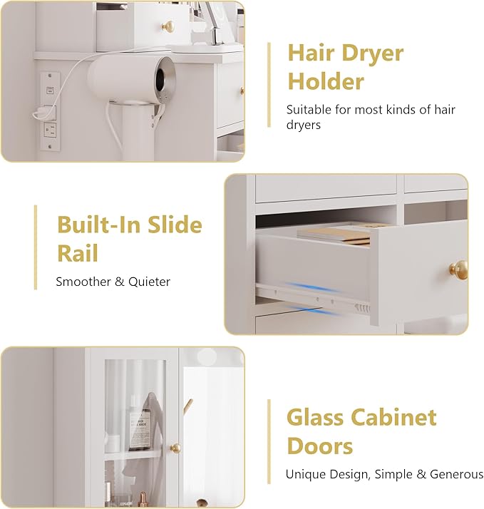 Makeup Vanity Desk with Mirror and Lights, White Vanity Table Set with Storage Drawers, Charging Station, Cabinets & Chair, Large Dressing Table with RGB Ambient Light for Women Girls Bedroom Bathroom