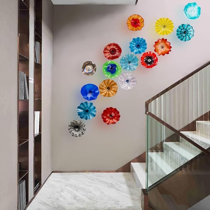 Hand Blown Glass Wall Plates Decor, Modern Unique Glass Wall Art, Murano Blown Glass Wall Art with Transparent and Easy to Clean for Staircase, Living Room, Kitchen, Hallway