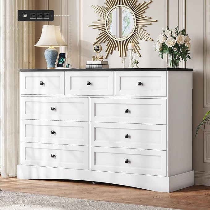 Hasuit Dresser for Bedroom with 9 Drawers, 51.2" Large Dresser with Charging Station, Wide Farmhouse Dresser Chest of Drawers, Wooden Storage Tower Organizer, Dresser for Bedroom Closet, White/Black