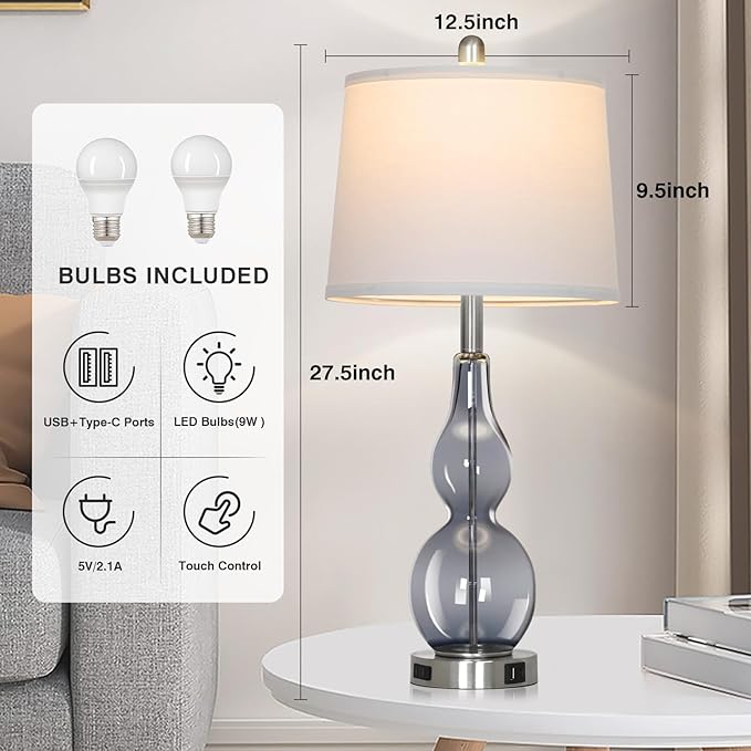 27.5" Gray Clear Glass Table Lamp Set of 2,3-Way Dimmable Touch Control Bedside Lamps with USB Ports and AC Outlet, Modern Nightstand Lamps for Bedroom Living Room