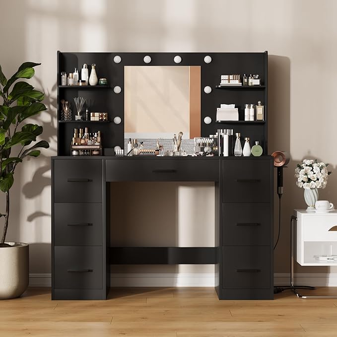 Furmax Vanity Desk with Mirror, LED Lights and Power Outlet Makeup Vanity Table with 7 Drawers and 6 Storage Shelves Dressing Table for Bedroom Dressing Room (Black)