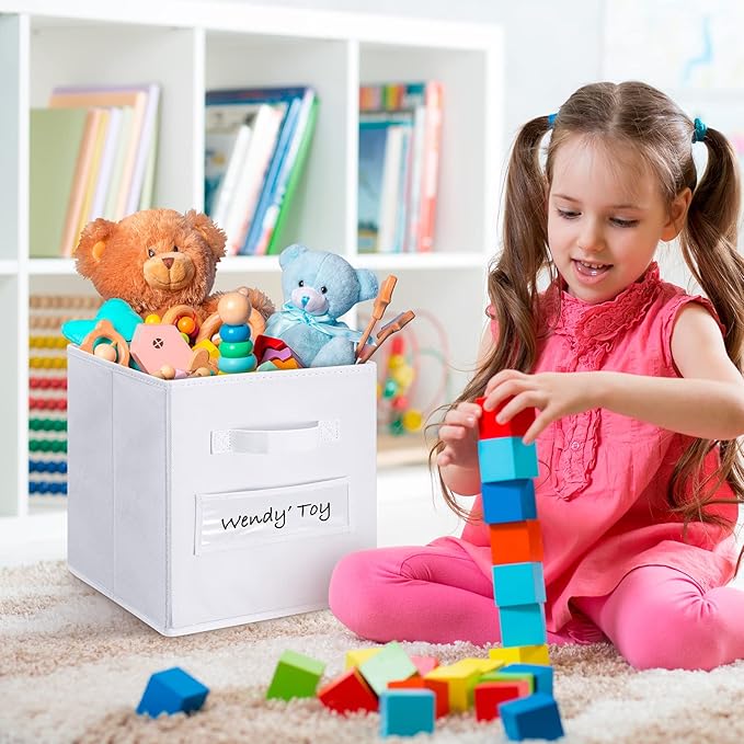 artsdi Fabric storage cubes (Set of 10) 11 Inch Cube Storage Bin, cube storage with 8 Labels Window Cards & a Pen, Foldable cube organizer bins, 11x11 storage bin, Cubby Organizer bins, White