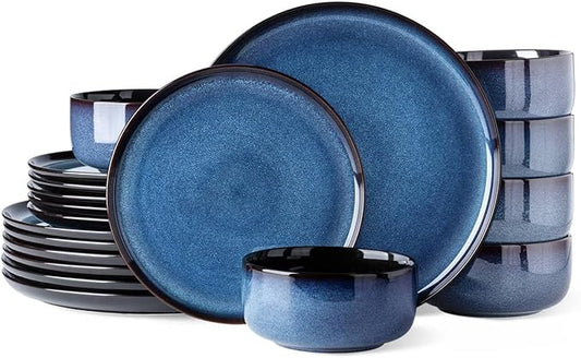 LeRatio Ceramic Dinnerware Sets for 6,Porcelain Plates and Bowls Sets,Handmade Reactive Glaze Dishes Set,Chip Resistant and Scratch Resistant | Oven&Dishwasher & Microwave Safe-Blue(18PCS)