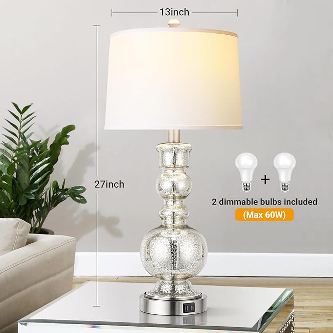 Hamucd 3-Way Dimmable Touch Control Clear Grey Glass Table Lamps Set of 2 with USB A+C for Modern Comtemporary Bedroom Nightstand Living Room Decor(Bulbs Included) (Mercury Silver)