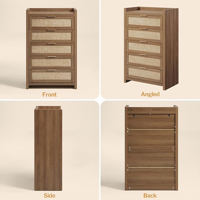 SICOTAS Dresser for Bedroom Chest of Drawers 46" Tall Dresser for Closet with 5 Rattan Drawers Boho Nightstands Set of 2 Large Clothes Storage Cabinet TV Stand for Living Room Hallway Nursery Entryway