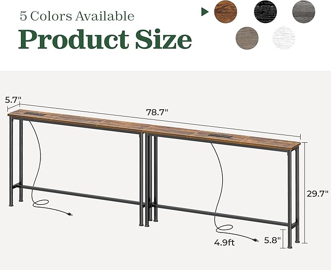 SUPERJARE 78.8 inch Narrow Console Table with Outlet, Sofa Table Set of 2, Behind Couch Table, Long Entryway Tables with Charging Station, for Living Room, Rustic Brown