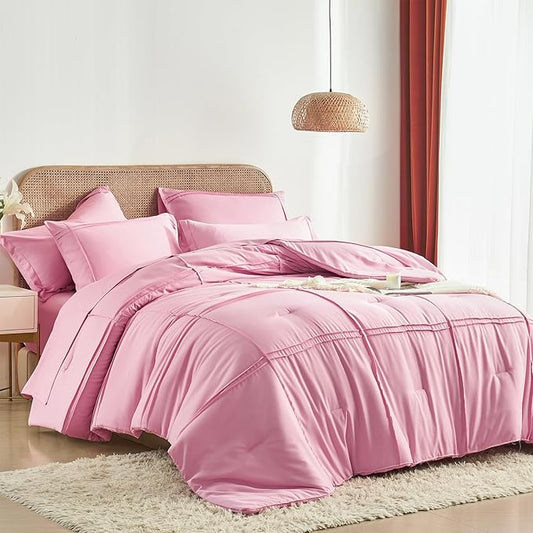Yogeneg Full Size Comforter Set 7 Piece Bed in a Bag,Grid Pinch Pleat Pink Bedding Set,Striped Textured Soft Microfiber Comforter with Sheet Set,All Season Complete Bed Set(Pink,Full)