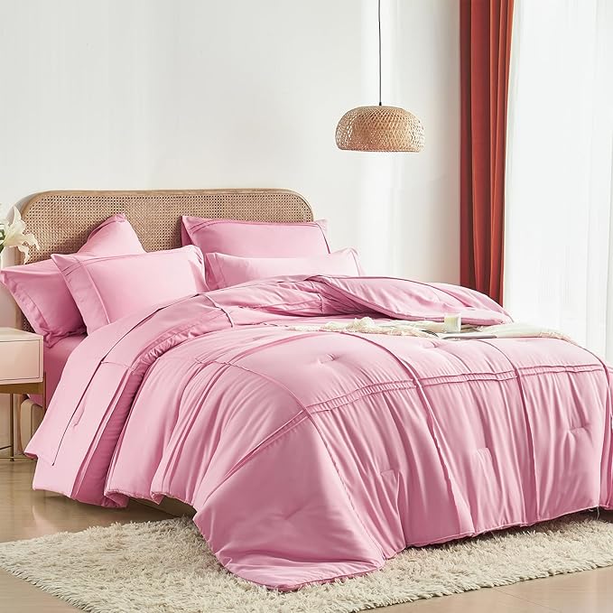 Yogeneg Pink Comforter Set Twin Size 5 Piece Bed in a Bag,Grid Pinch Pleat Twin Bedding Set,Striped Textured Soft Microfiber Comforter with Sheet Set,All Season Complete Bed Set(Pink,Twin)