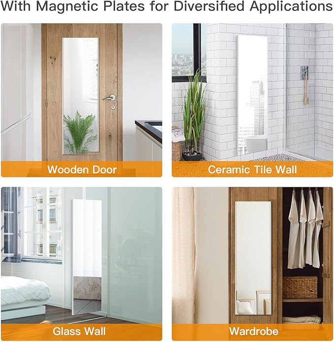 63"x20" Magnetic Mirror Lightweight Full-Length Mirror | Strong Adhesion, Easy Installation | Suitable for Refrigerators, Glass Walls, Wooden Doors, and More | 2.8LBS Ultra-Strong Support, White