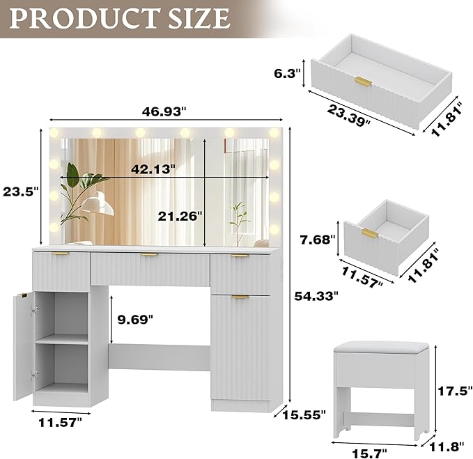 Vanity Desk with Large 42" Mirror and Lights, White Fluted Makeup Table Set with Storage Drawers, Power Outlet & Stool, 3 Lighting Modes & Adjustable Brightness, Dressing Table for Women Girls Bedroom