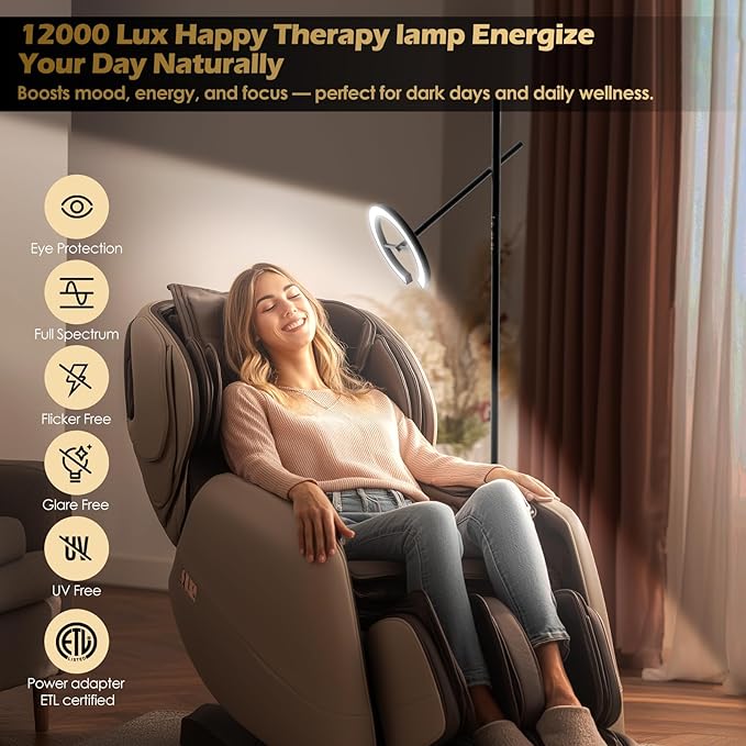GLOWRIUM Therapy Light Floor lamp 12000 Lux, Happy Therapy lamp Stepless Dimmable 2700-6500K, LED UV-Free Happy lamp, Sunlight lamp Modern Bright Floor Lamp for Living Room Bedroom Office (H1B)