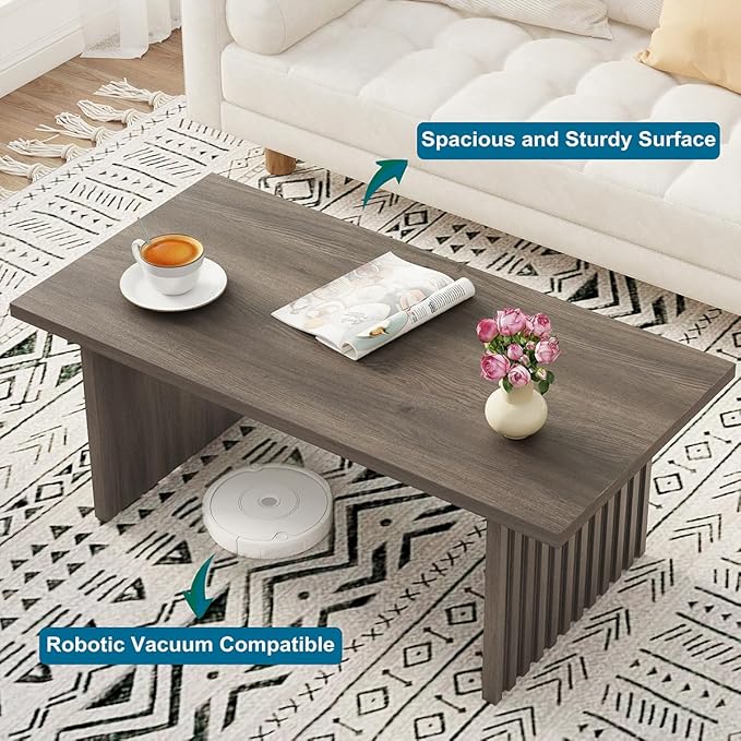 BON AUGURE Fluted Coffee Table, Wood Living Room Tables, Rectangle Coffee Tables for Living Room, Center Table for Home, Office (Greige Oak, 43Inch)