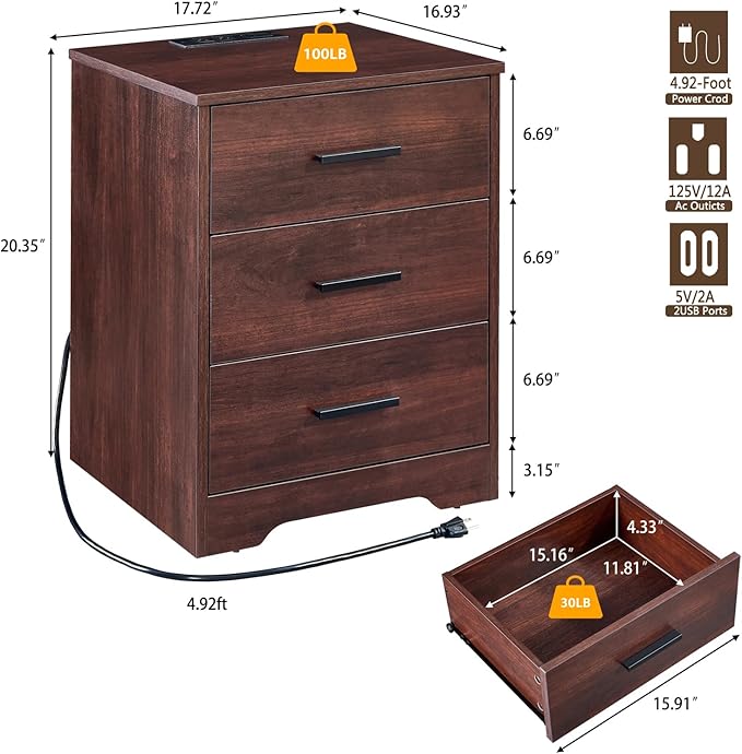 LIDYUK Dark Cherry Dresser for Bedroom, 3 Drawer Dressers & Chest of Drawers, Modern Wood Dresser with Charging Station, End Table Nightstand Bedside Table for Bedroom, Living Room