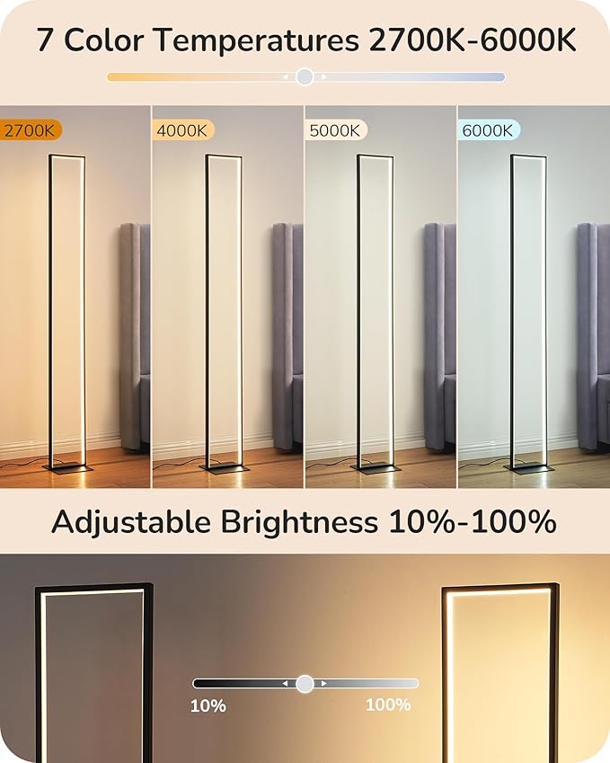 EDISHINE LED Floor Lamp, 55" Modern Minimalist Rectangular Corner Light, 3000K-6000K Dimmable, Remote Control & Foot Switch, Metal Base Standing Lamps for Living Room, Bedroom, Office, Black