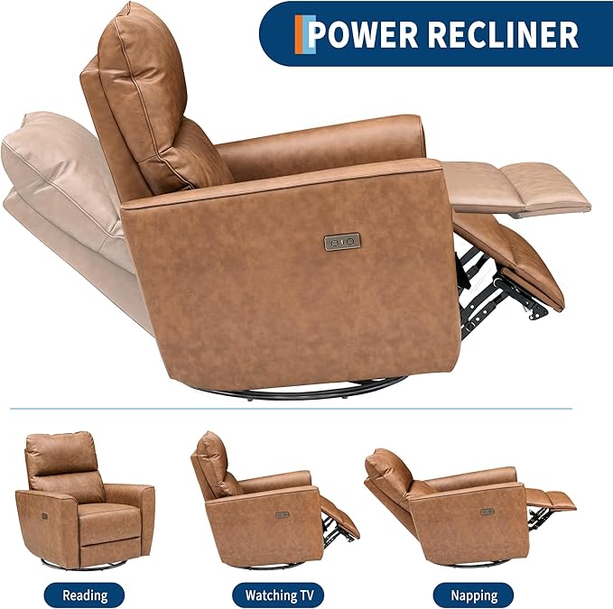 GarveeHome Power Recliner Chair Swivel Glider Upholstered Faux Leather Nursery Rocker Reclining Sofa Chair with Charging Port, Curved Armrests & Padded Backrest (Brown)