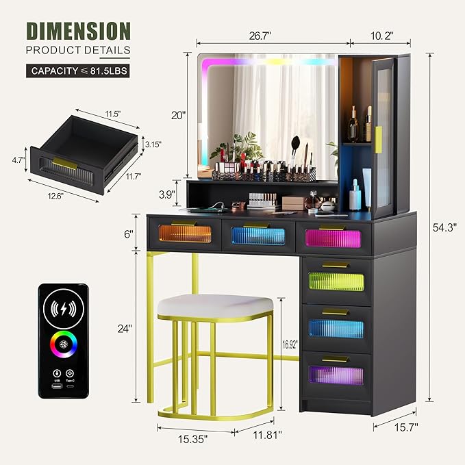 Vanity Desk with Mirror and RGB Lights, Makeup Vanity Desk with Wireless Charging Station,Large Dressing Table Set with Stool,LED Vanity Table with 6 Drawers/Cabinet/Shelves for Bedroom, Black