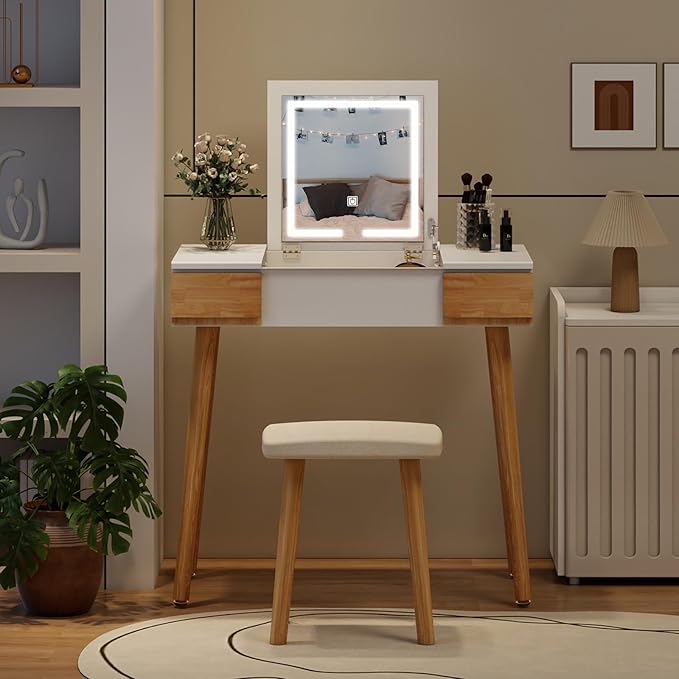 YOURLITE Makeup Vanity Desk with Flip-top Mirror and Lights, 3-in-1 Makeup Vanity Table with 2 Drawers and Cushioned Stool, Writing Desk Dressing Table Vanity Set