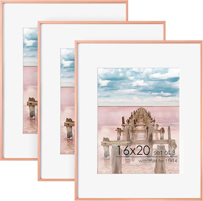 16x20 Metal Picture Frame For Wall With Mat For 11x14, 16''x20'' Aluminum Photo Frames With Tempered Glass, Minimalist Modern Poster Frame Horizontally Vertically Set of 3, Rose Gold