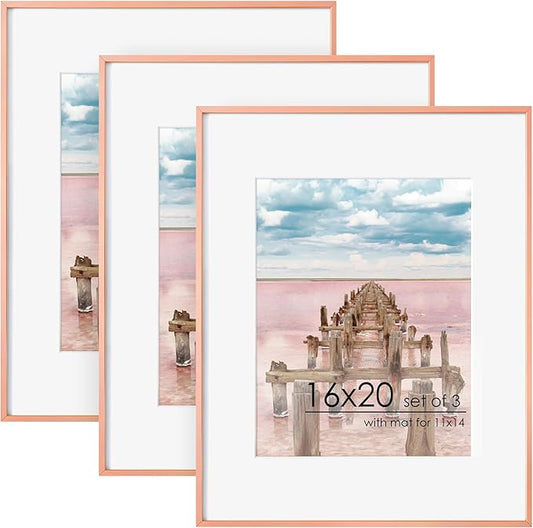 16x20 Metal Picture Frame For Wall With Mat For 11x14, 16''x20'' Aluminum Photo Frames With Tempered Glass, Minimalist Modern Poster Frame Horizontally Vertically Set of 3, Rose Gold