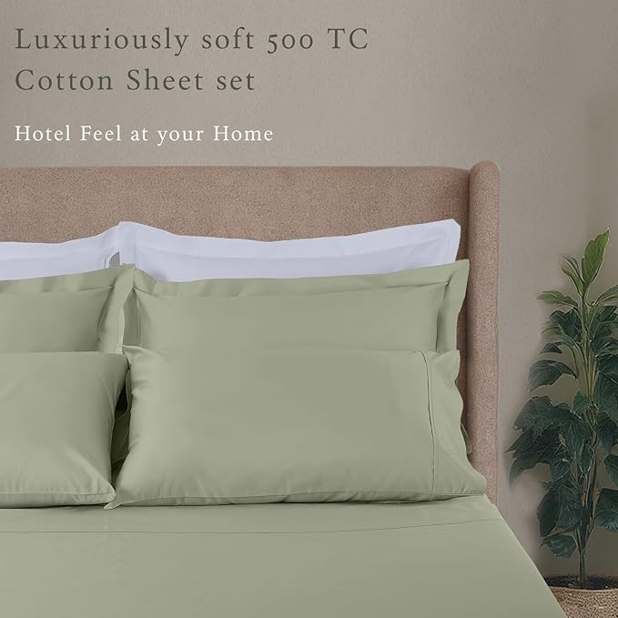 Threadmill 100% Cotton Deep Pocket/Soft/Fade Resistance, 500 Thread Count, Solid 4-Piece Full Size Bed Sheet Set (1 Flat, 1 Fitted Sheet, 2 Pillow Covers), Sage Green