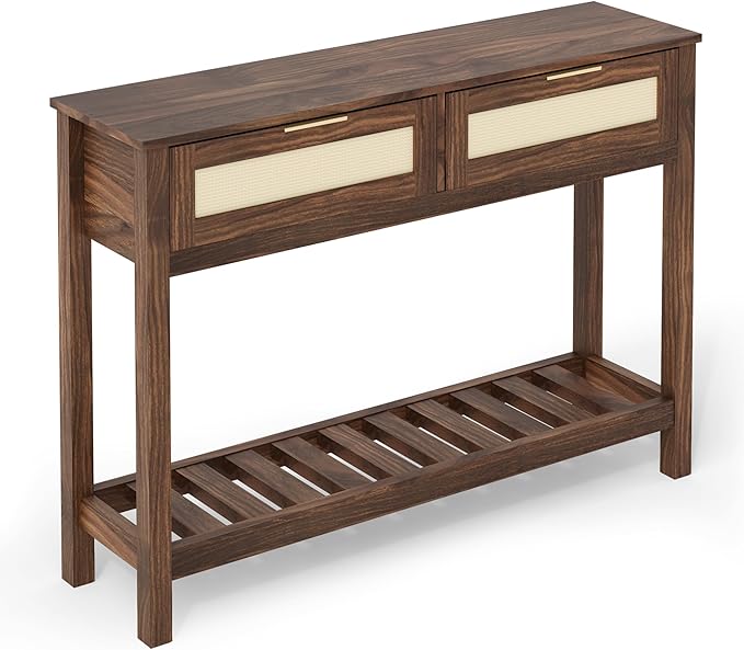 Console Tables with 2 Drawers,Rattan Entryway Table with Storage Shelf,Wood Boho Foyer Tables for Entryway,Farmhouse Console Tables for Living Room,Hallway, Sofa Table,Study Or TV Wall
