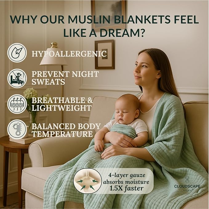 Extra Large 4 Layer Muslin Throw Blanket, 100% Cotton Blanket for Couch, Bed,Sofa, Home Decor,Pre-Washed Gauze, Best Summer Blanket, 50x70, Seafoam Green