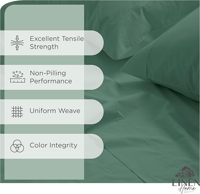 Linen Home 100% Cotton Percale Sheets Twin XL Size, Frosty Green, Deep Pocket, 3 Pieces Set - 1 Flat, 1 Deep Pocket Fitted Sheet and 1 Pillowcase, Crisp Cool and Strong Bed Linen