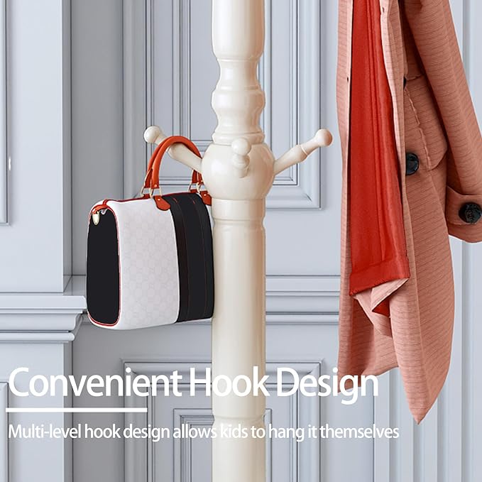 Wooden Coat Rack, Heavy Duty Coat Rack Freestanding with 11 Smooth Hooks, Coat Tree, Vintage Clothes Hanger Stand with Stable Disc Base for Bedroom, Entryway, Office-Load 180lbs (Ivory White)