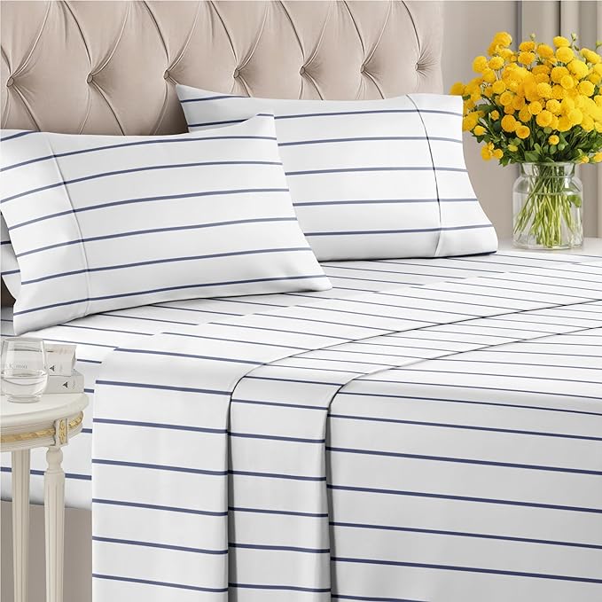 Striped Sheets - Navy Blue & White Striped Sheets - 1 Flat & 1 Fitted & 2 Pillowcases w/ Deep Pockets – Wrinkle & Fade Free - Soft, Breathable & Cooling – Luxury Pinstripe Bedding - King Size Bed Set