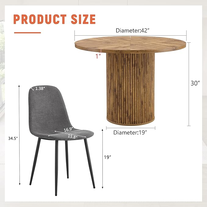 AZmac Round Dining Table Set for 6, Wooden Round Table 7-Piece with Modern Farmhouse Dining Table and 6 Fabric Chairs for Kitchen Dining Room, Wooden Table + 6 Gray Chairs