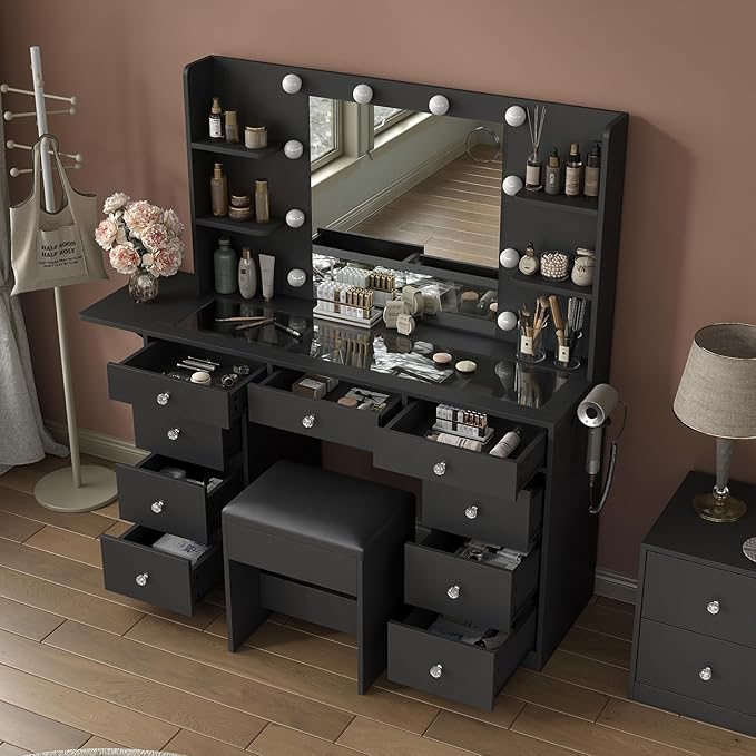 9 Drawers Vanity Desk & Power Outlet, Makeup Vanity with Mirror and 10 LED Lights, 3 Lighting Modes Brightness Adjustable, Makeup Table with 4 Shelves and Fold-up Panel, Vanity Set for Bedroom, Black