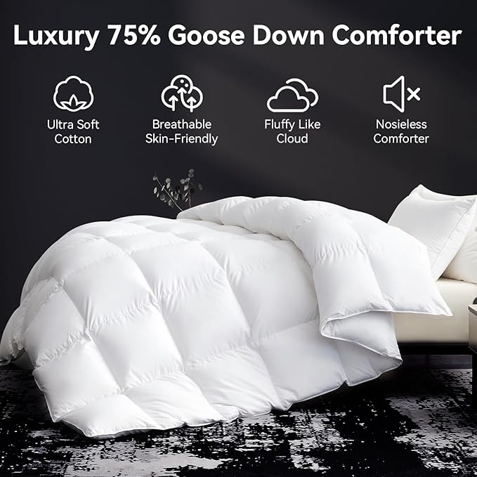 L LOVSOUL 75% Goose Down Fiber Comforter California King Size, 850+ Fill Power Hotel Style Bedding Comforter, 1200TC, Fluffy Ultra Soft All Season White Duvet Insert with 8 Corner Tabs