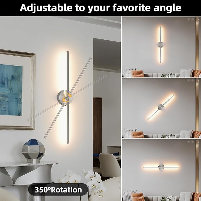 Battery Operated Wall Sconce Set of 2, Brushed Nickel 27.5" LED USB Rechargeable dimmable Wall Sconce with Remote Control, Rotate 350° for Living Room, Bedroom, Hallway and scones Lighting