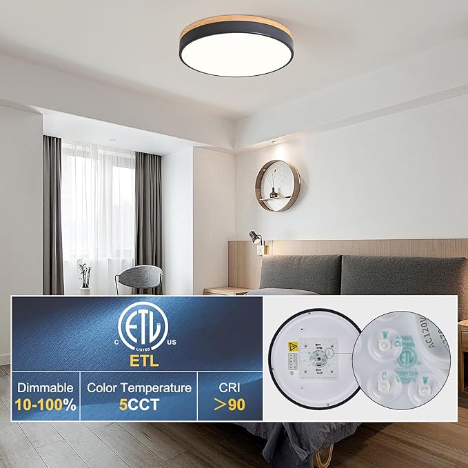 Dimmable Wood LED Flush Mount Ceiling Light, 5CCT 2700K-6000K Selectable Modern Round Close to Ceiling Lighting Fixtures, Minimalist Grey Ceiling Lamp for Living Room, Bedroom, Laundry Room