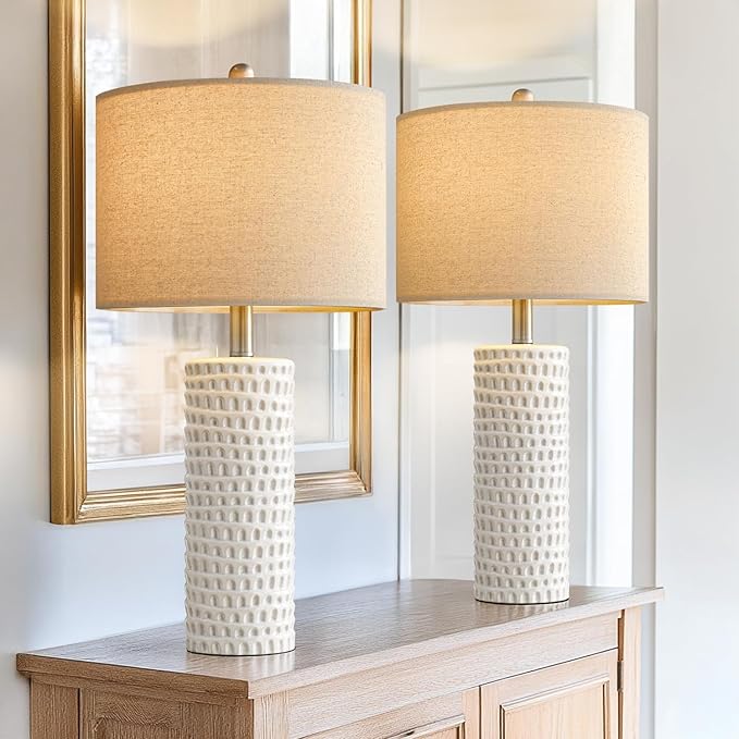 PORTRES 24" Farmhouse Ceramic Table Lamp Set of 2 for Bedroom Living Room White Desk Decor Bedside Lamps for Study Room Office Dorm Modern Accent Nightstand Lamp End Table Lamps