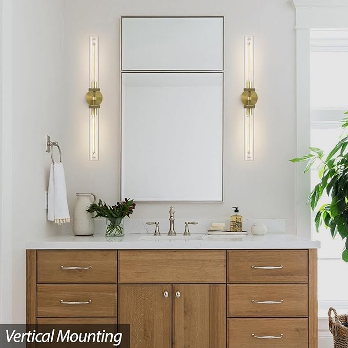 Brass Gold 2-Light Knurled Wall Sconces, 30in Double Glass Sconces Wall Lighting, Bathroom Vanity Light Sconces, Wall Lights for Living Room Bedroom Hallway Kitchen Bathroom Mirror