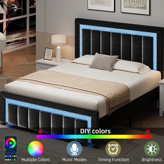HOMBCK Queen Size Bed Frame with LED Lights and Velvet Upholstered Headboard, Bed Frame Queen with Modern Diamond Headboard Adjustable, Wooden Slats Support, Noise Free, No Box Spring Needed, Black