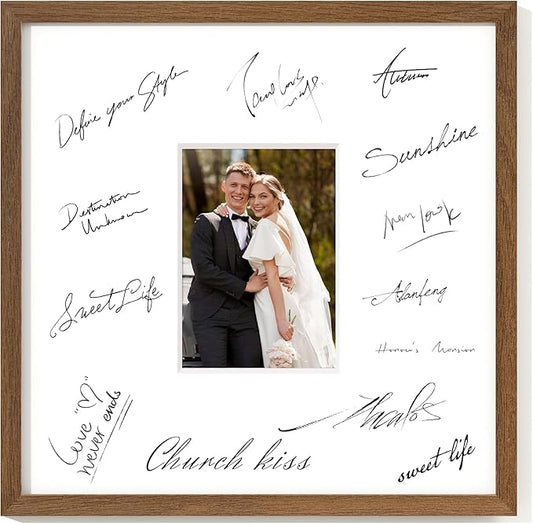 Axeman 14x14 Signature Picture Frame - Solid Oak Wood 14x14 Picture Frame With Mat to 5x7, Graduation Wedding Birthday Guest Book Party Signing, Hanging Hardware Included, Walnut