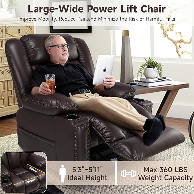 Large Power Lift Chairs Recliners for Elderly with Heated and Massage, Overstuffed Adjustable Lift Chairs, 3 Positions, Breathable Leather, USB-A and USB-C, Cup Holder, Side Pocket Dark Brown
