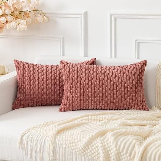 Kevin Textile Throw Pillow Covers Soft Corduroy Decorative Set of 2 Valentines Day Boho Striped Pillow Covers Pillowcases Farmhouse Home Decor for Couch Bed Sofa Living Room 12x20 Inch Blush Pink